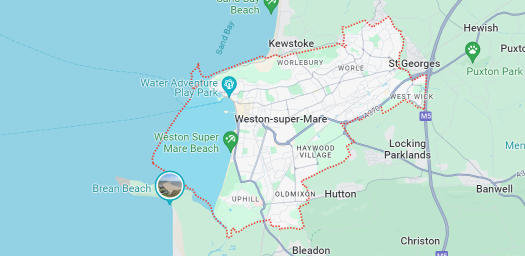 Map showing Weston and the surrounding areas